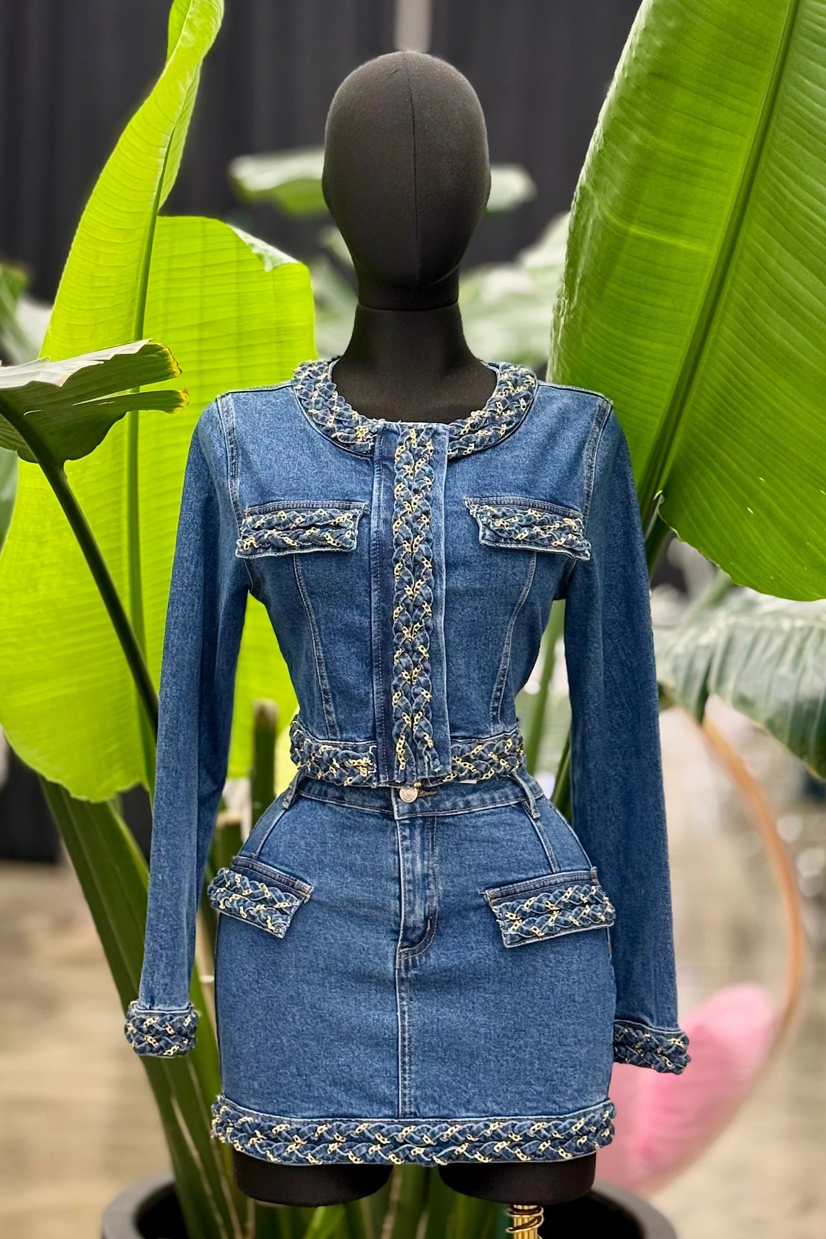ONE OF A KIND EMBELLISHED DENIM SKIRT