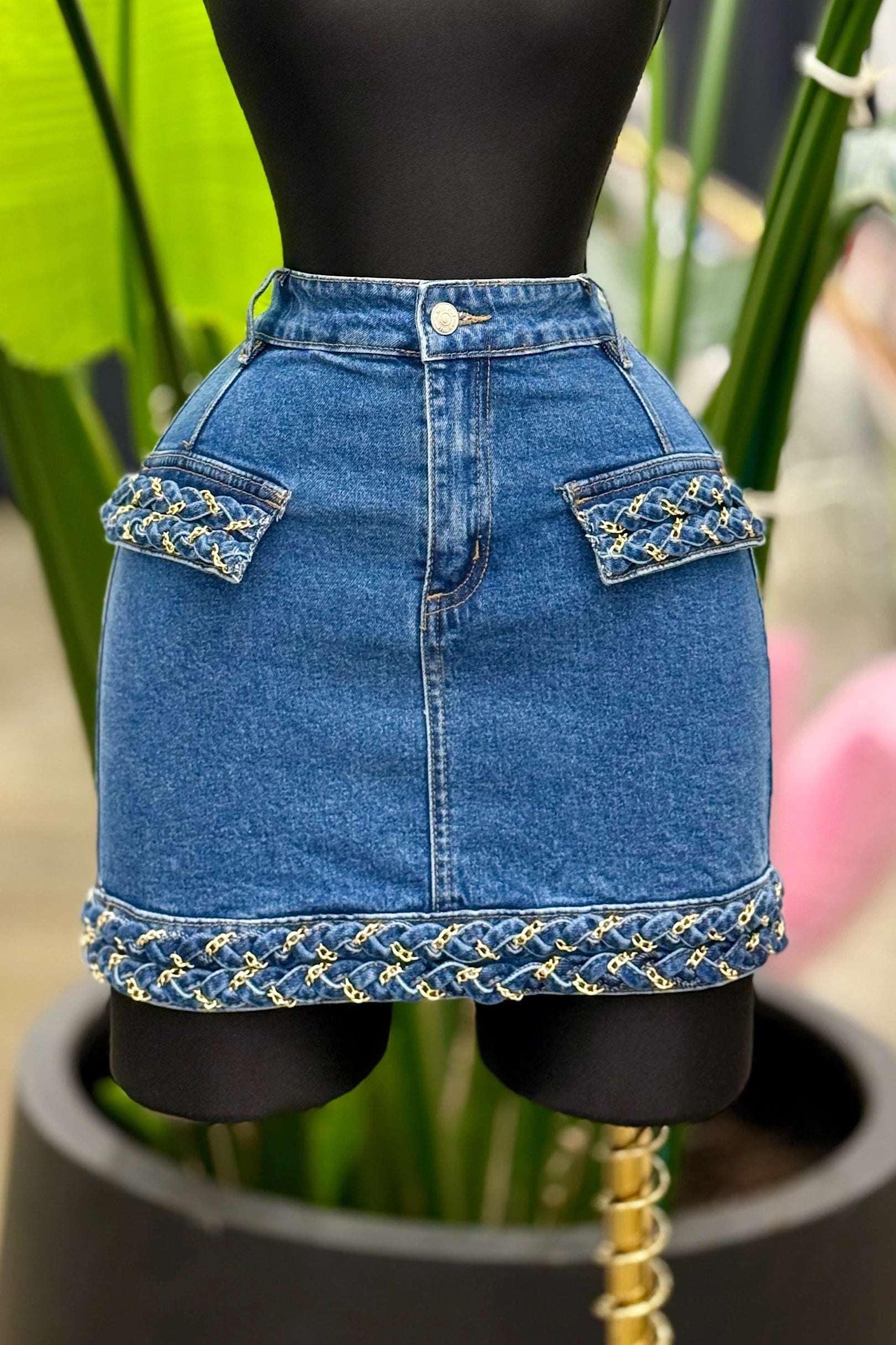 ONE OF A KIND EMBELLISHED DENIM SKIRT