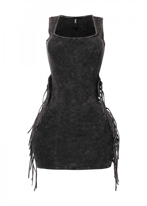 Charcoal  Fringe Washed Mini Dress