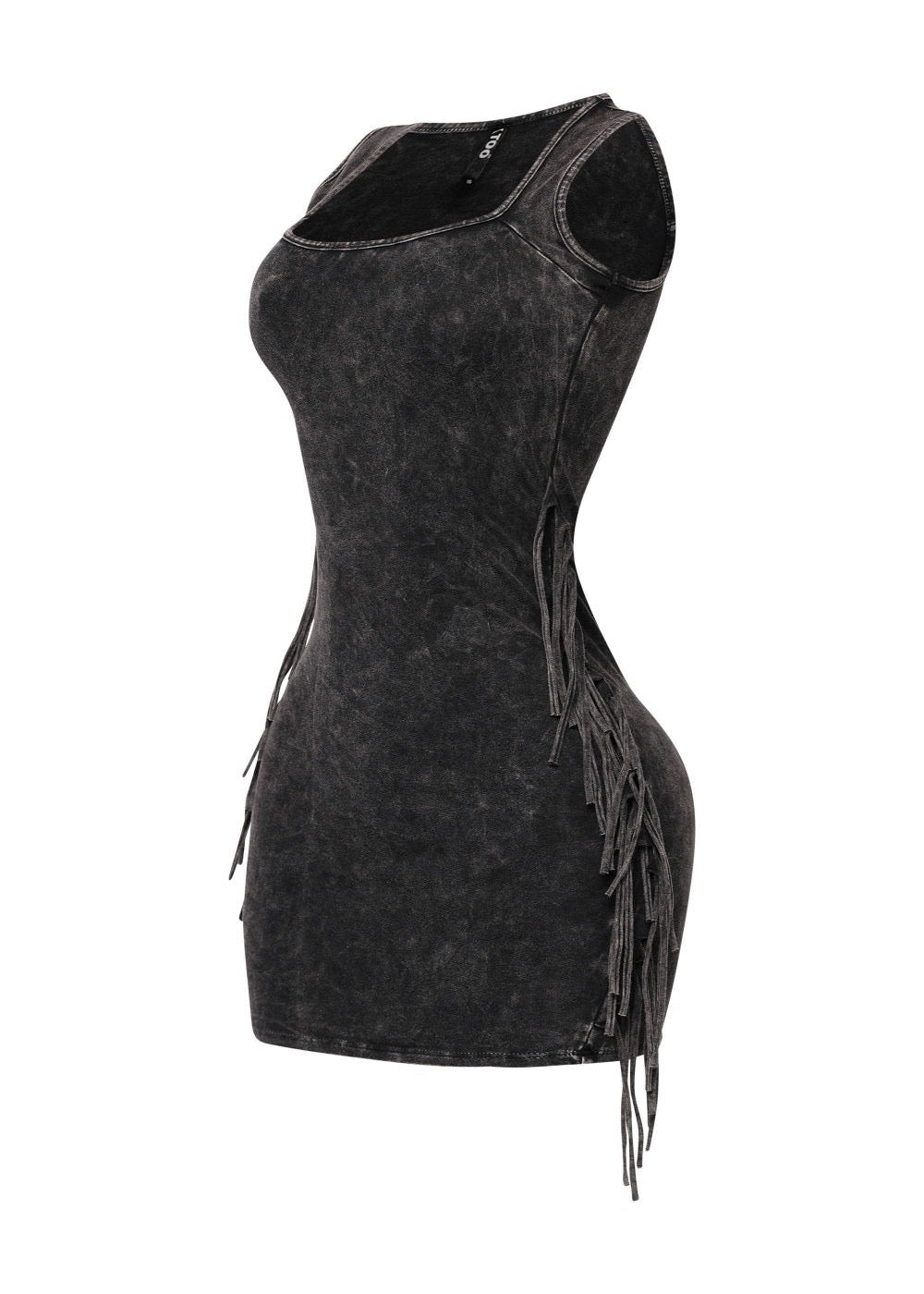 Charcoal  Fringe Washed Mini Dress