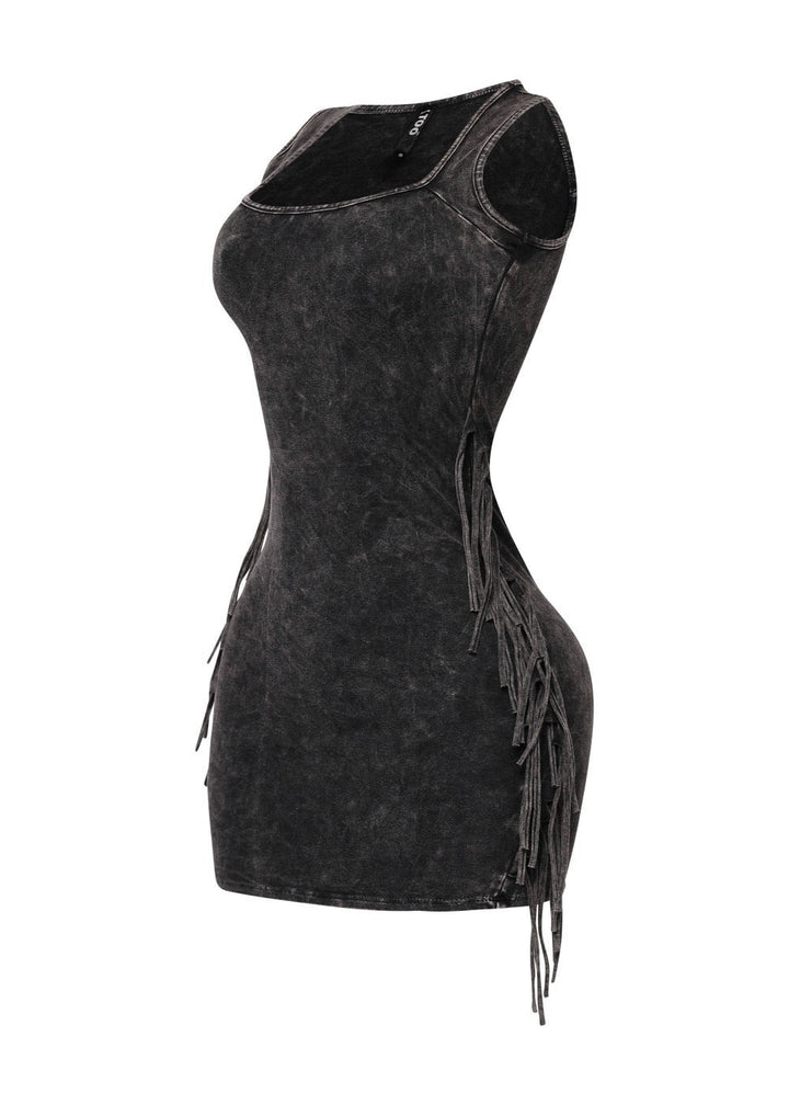 Charcoal  Fringe Washed Mini Dress