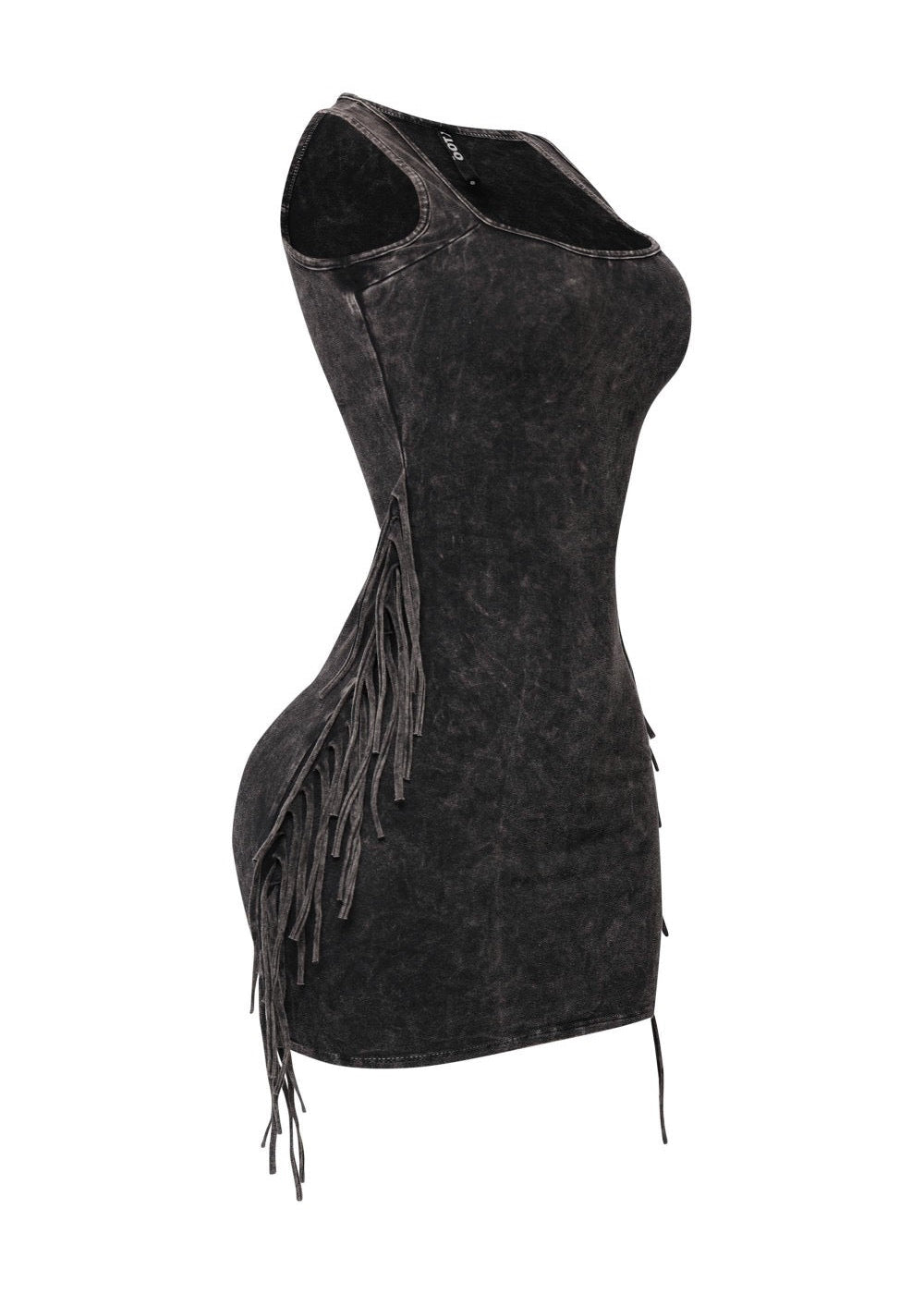 Charcoal  Fringe Washed Mini Dress