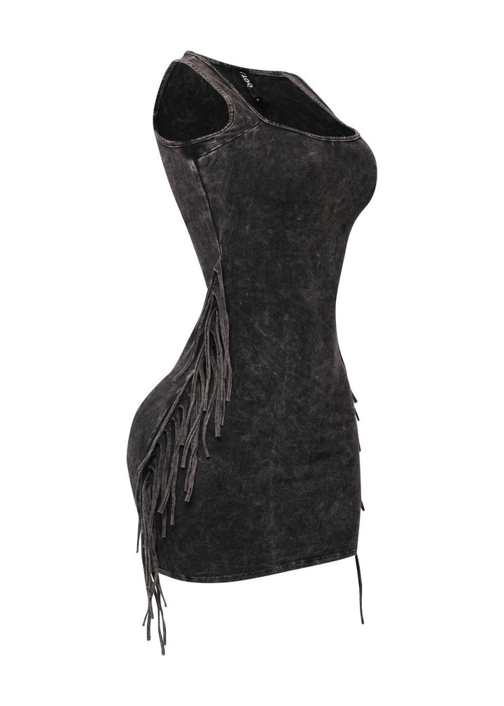 Charcoal  Fringe Washed Mini Dress