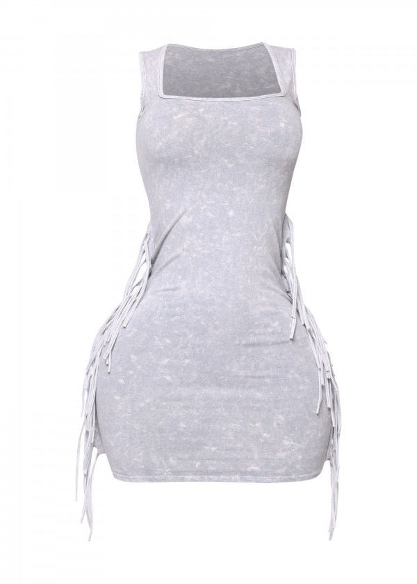 Cement  Fringe Washed Mini Dress
