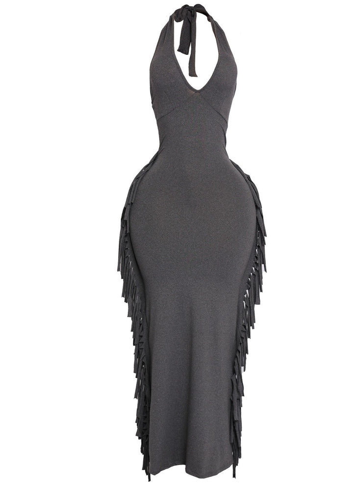 Black Halter Fringe Dress