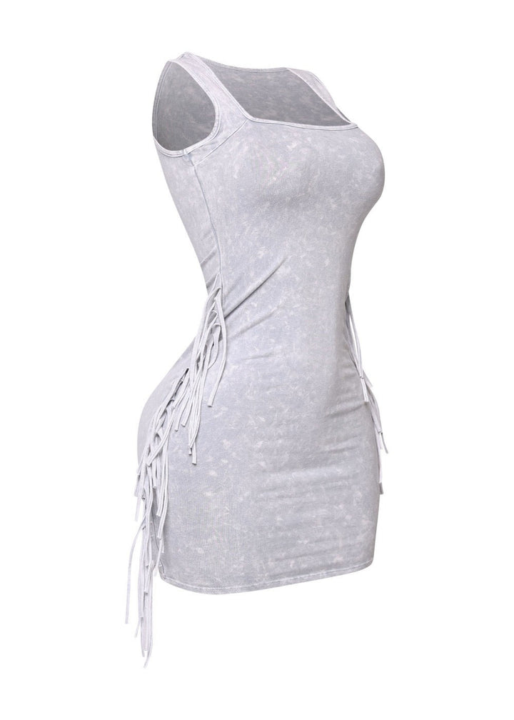 Cement  Fringe Washed Mini Dress