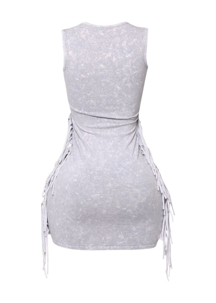 Cement  Fringe Washed Mini Dress