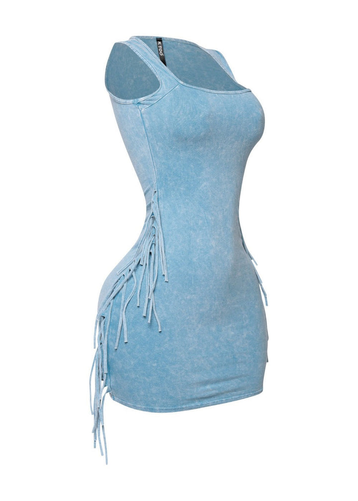 Tiffany Blue Fringe Washed Mini Dress